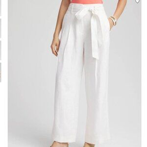 Chico's Belted Pleated Wide-Leg Linen Pants White 14 R